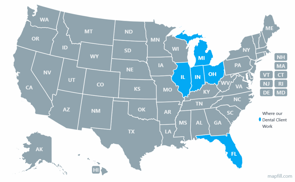 The States in blue indicate which States in the USA that Schultz & Associates, CPA currently provide Dental CPA services for its clients
